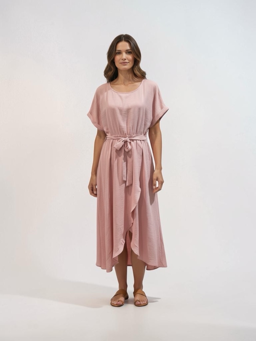 Shortsleeved whimsical feminine high low light pink pullover flowy dress large